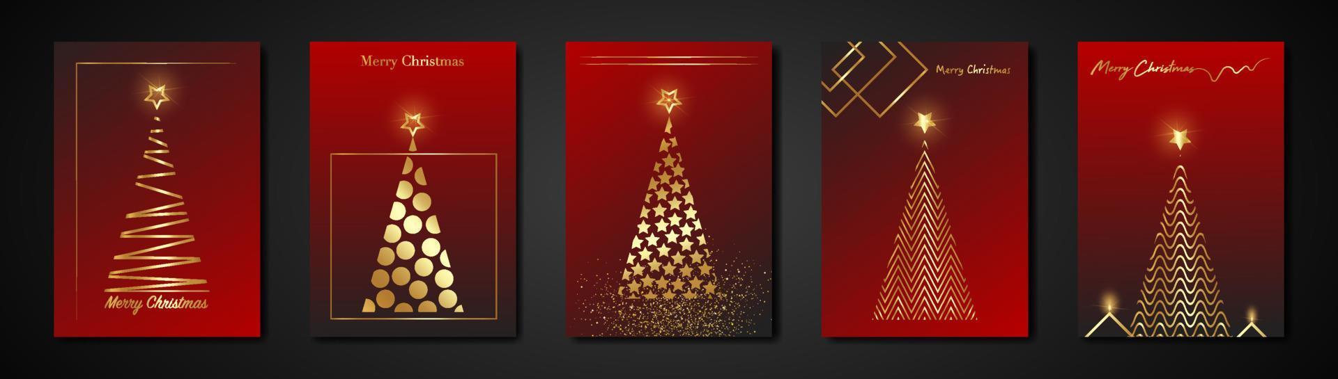 establecer tarjetas árbol de navidad textura dorada, fondo moderno rojo de lujo dorado, vector dorado estilizado feliz navidad, icono de banner con temática festiva invitaciones de vacaciones de invierno con decoraciones geométricas