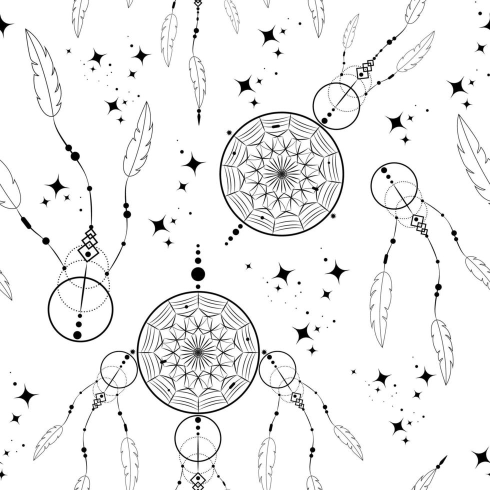 Atrapasueños doodle de patrones sin fisuras, adornos de mandala y estrellas mágicas. símbolo místico, arte étnico con diseño de estilo boho indio nativo americano, vector aislado sobre fondo blanco