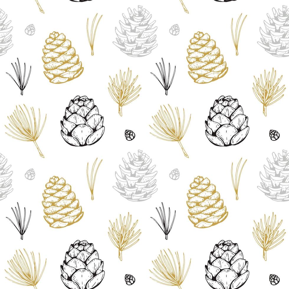 Hand drawn Christmas and New Year pattern with golden cones and needles. Vector illustration in sketch style