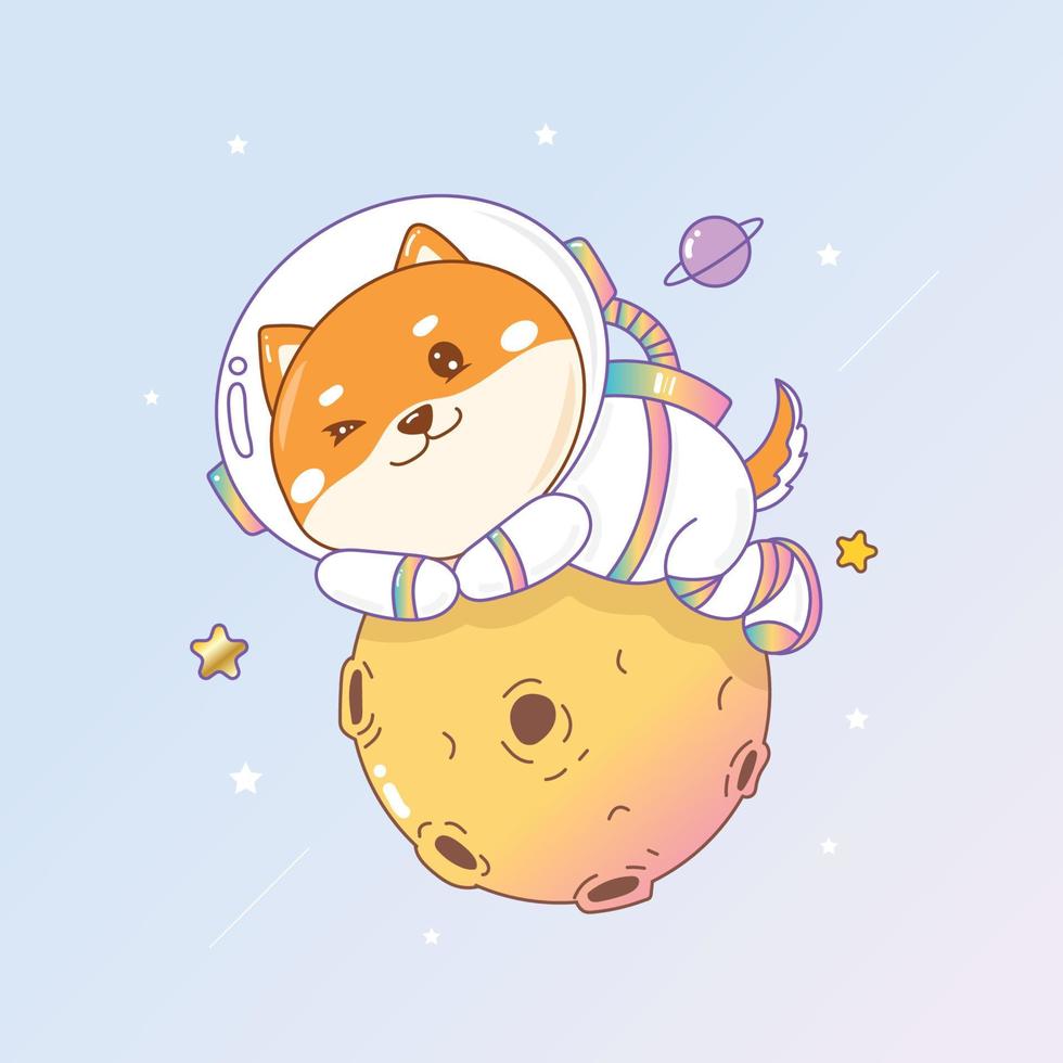 doge coin cartoon, Shiba inu top on the moon in the galaxy with stars.. vector