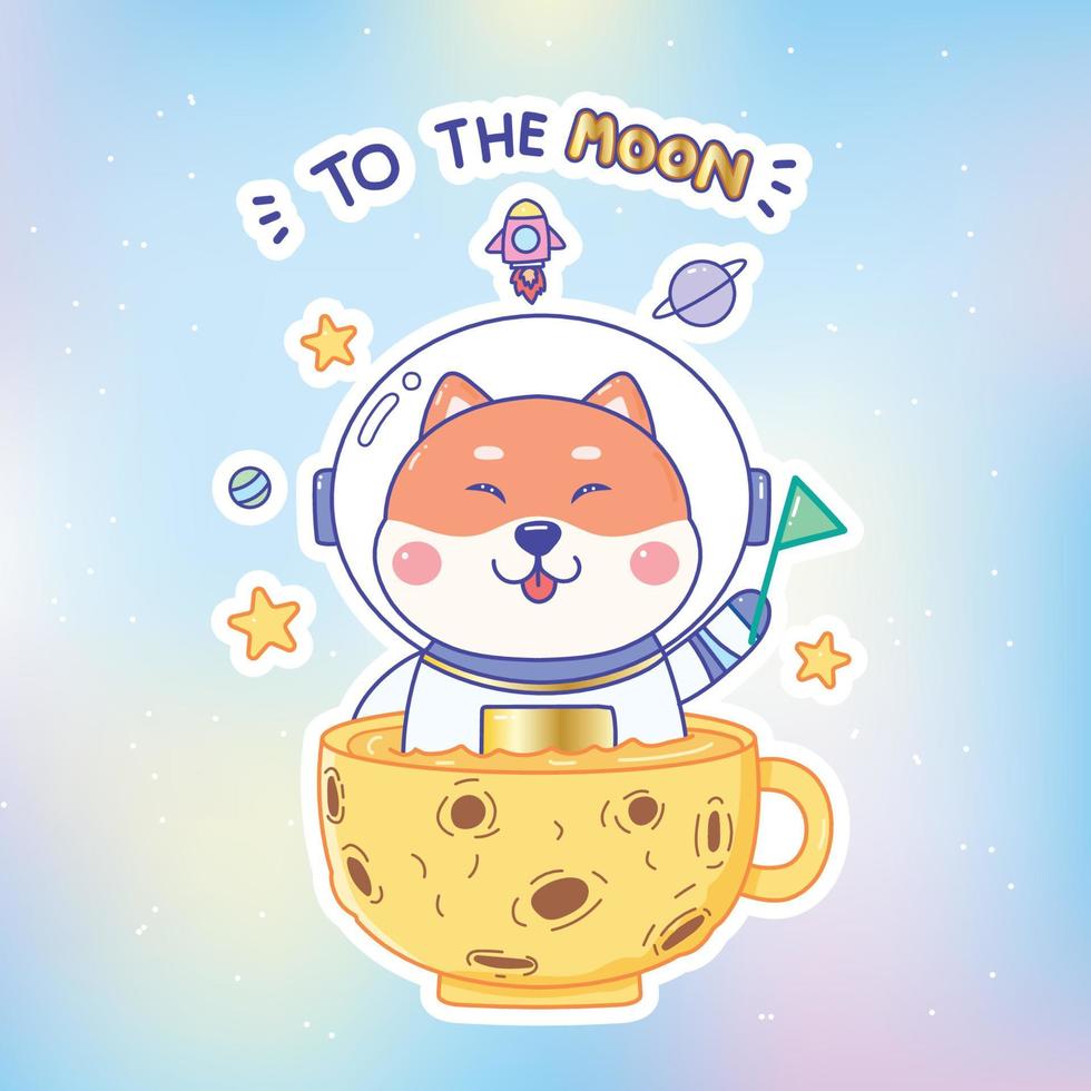 doge coin to the moon, Shiba inu holding green flag in the galaxy with stars. vector