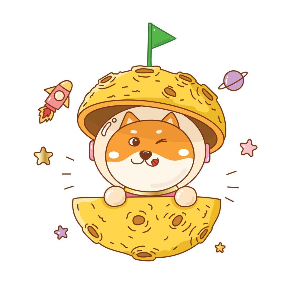 doge coin cartoon, Shiba inu in the moon with green flag in the galaxy with stars. vector
