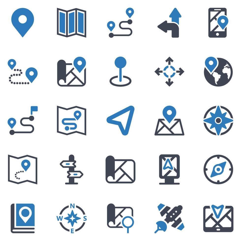 conjunto de iconos de ubicación - ilustración vectorial. ubicación, mapa, gps, lugar, pin, puntero, posición, camino, ruta, buscar, buscar, destino, viaje, dirección, brújula, navegación, iconos. vector