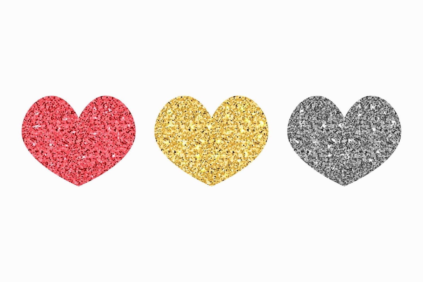 Glitter hearts vector set. Silver, gold and red colors with glowing effect. Design shiny love symbols elements isolated. Collection of heart shapes to Valentines day or wedding.