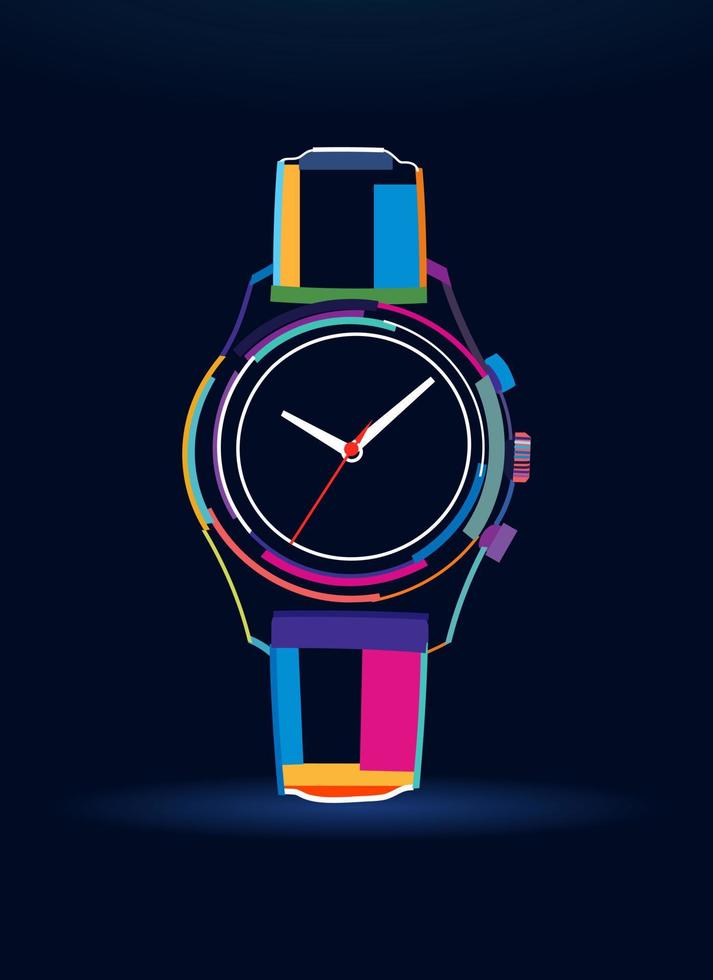 Wrist watch with leather strap, abstract, colorful drawing. Vector illustration of paints