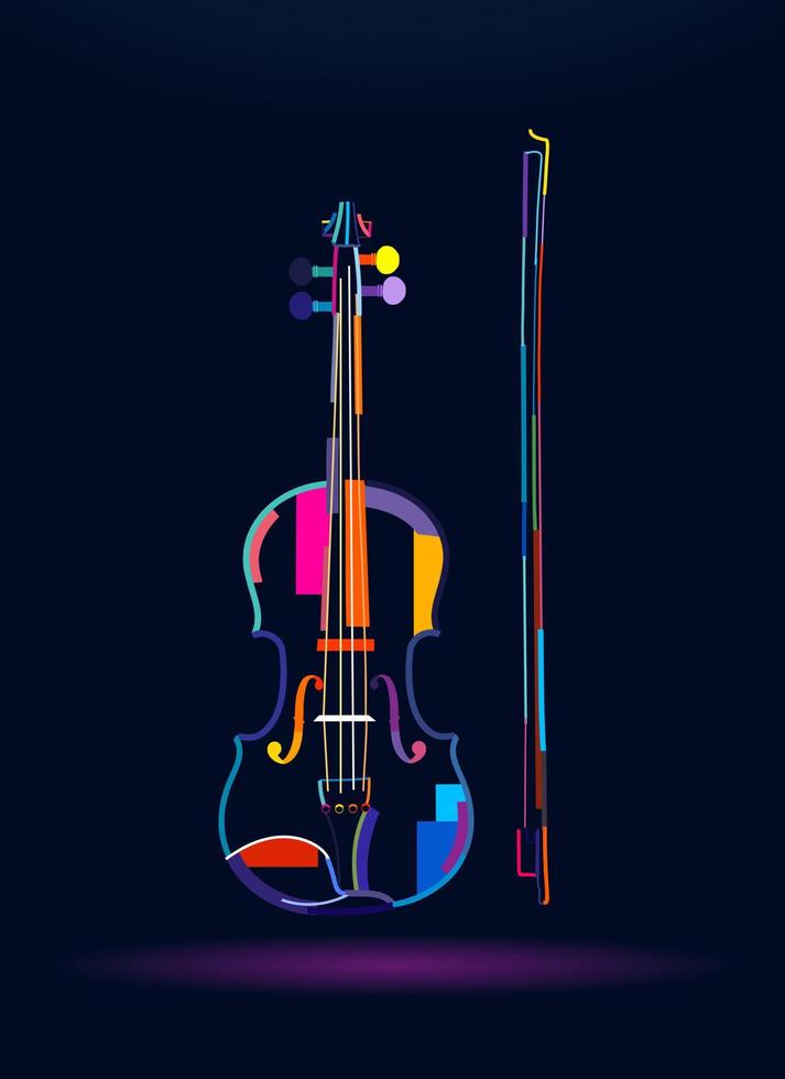 Violin with bow, abstract, colorful drawing. Vector illustration of paints