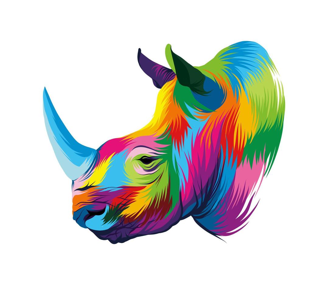 Rhino head portrait, rhinoceros, color drawing, realistic. Vector illustration of paints