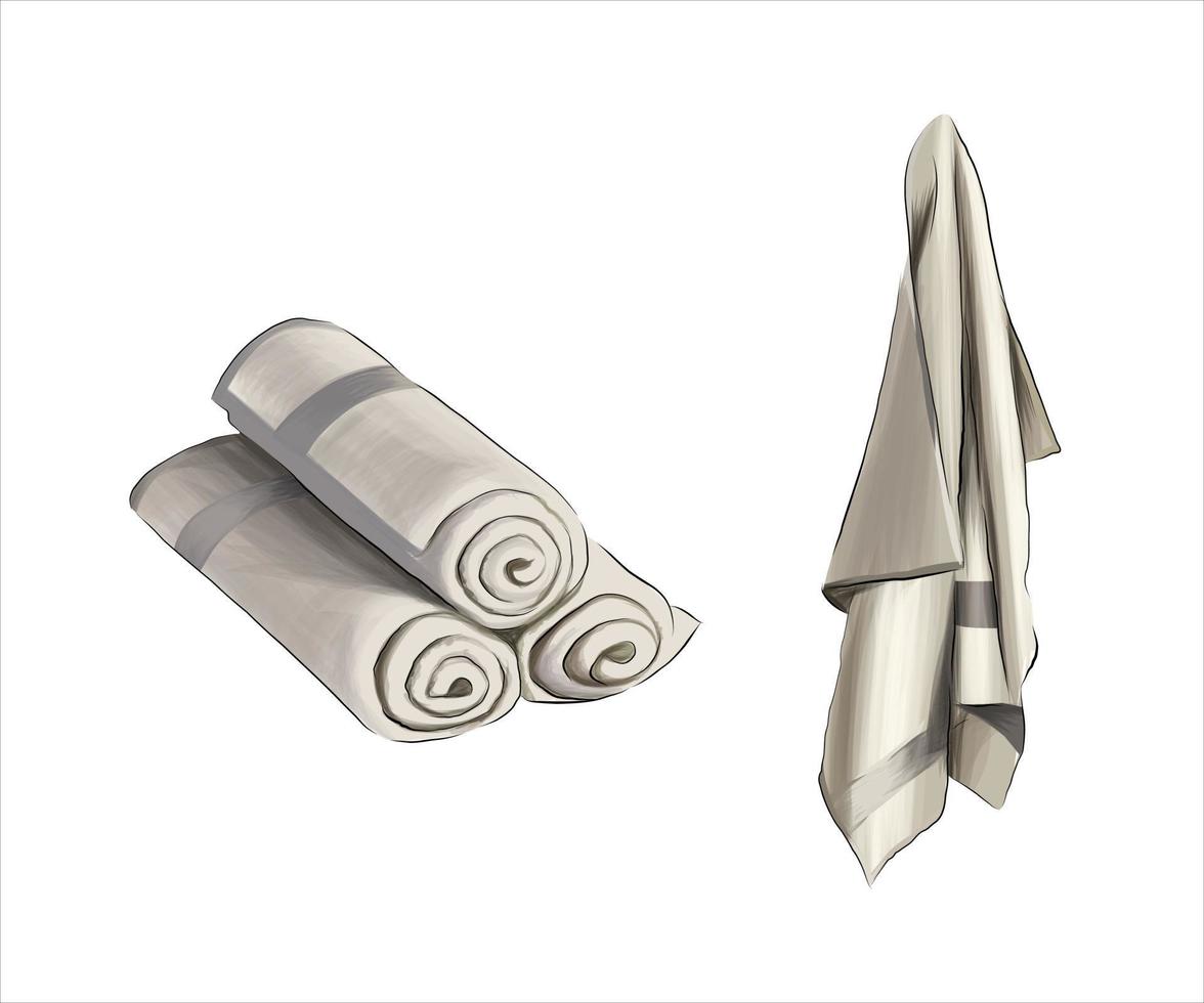 White bath textile items set. Cotton terry towels hanging, folded, stacked, rolled, color drawing, realistic. Vector illustration of paints
