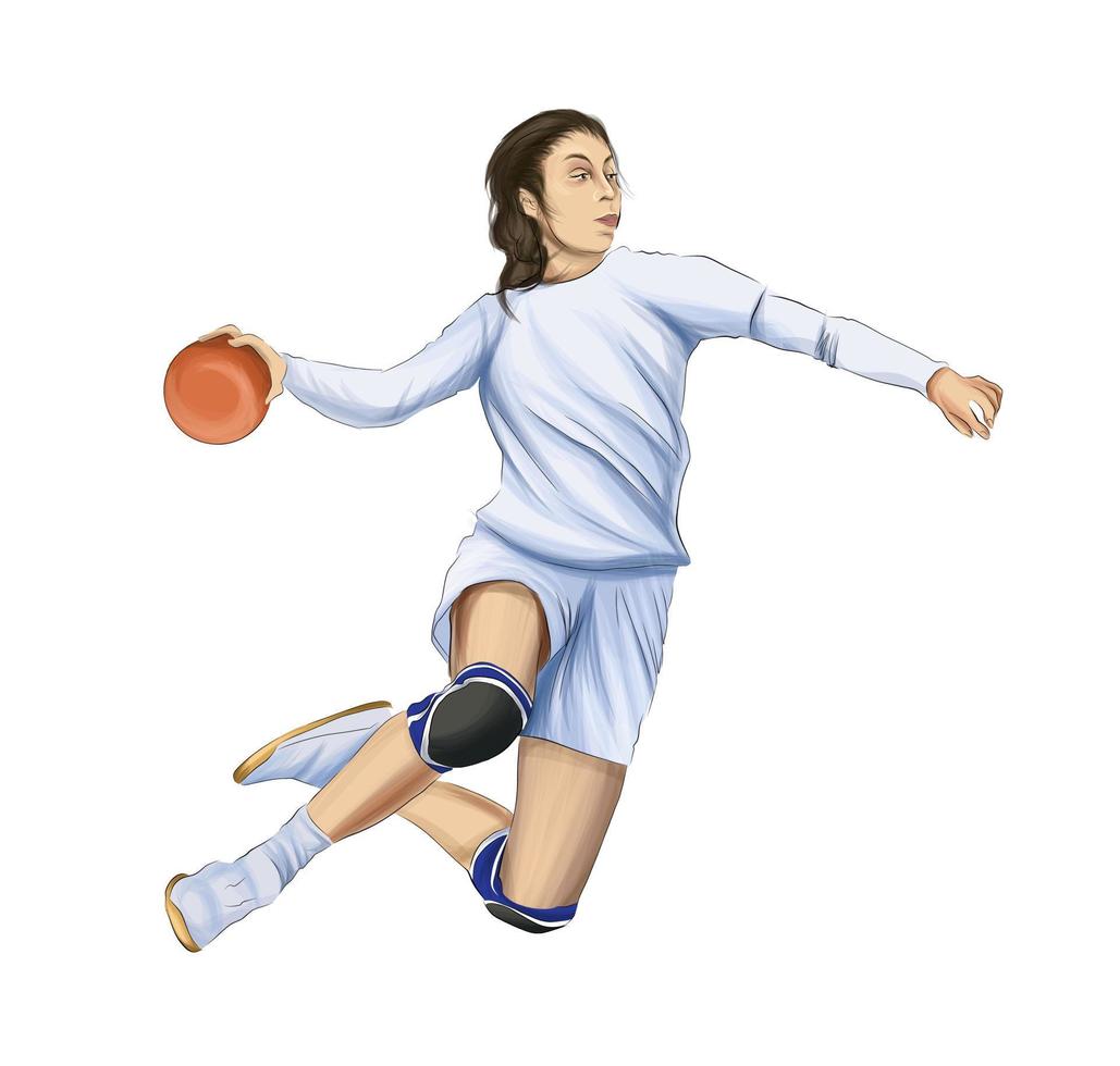 jugador de balonmano chica saltando con la pelota, dibujo a color, realista. ilustración vectorial de pinturas vector