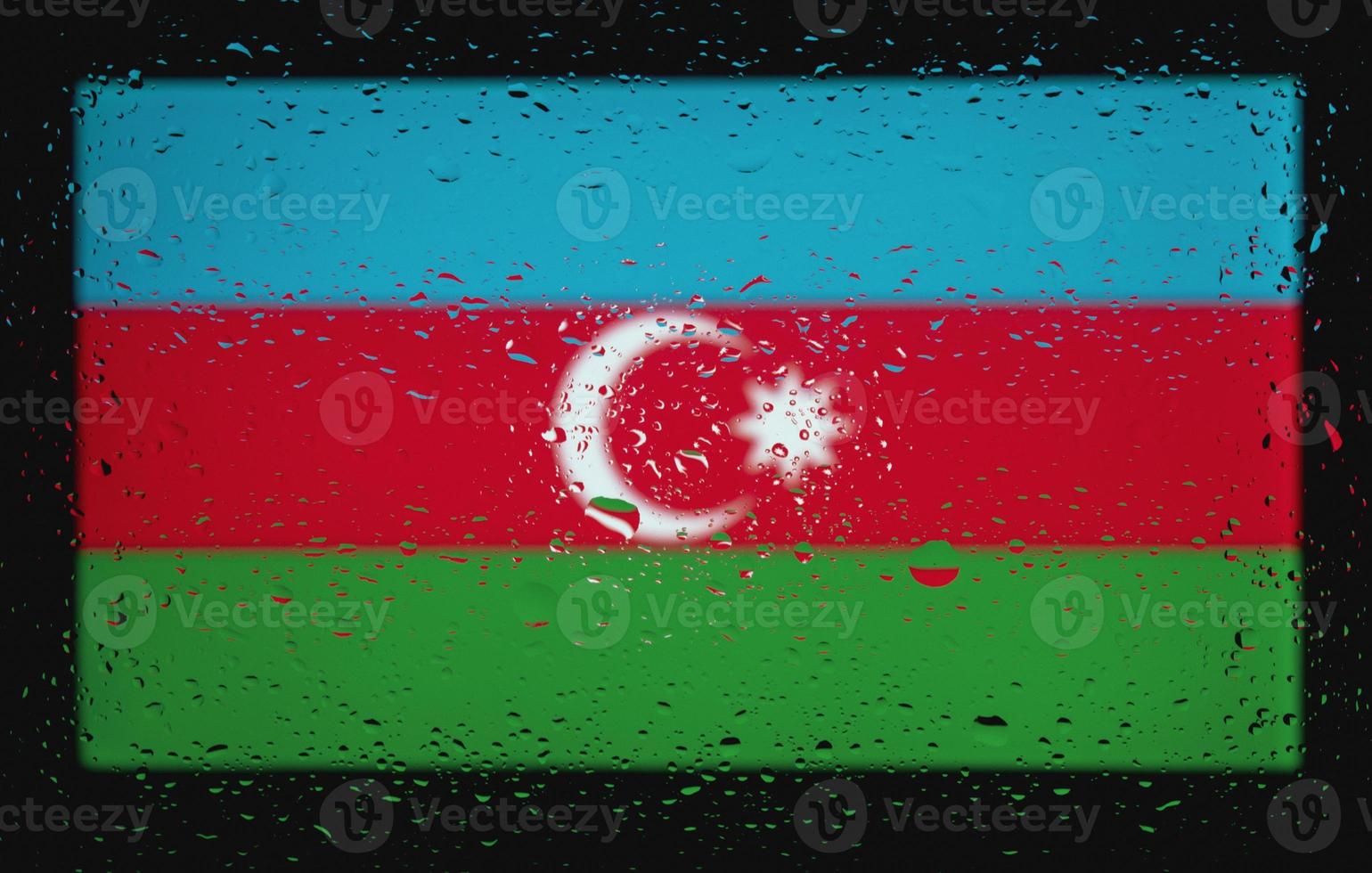 Drops of water on Azerbaijan flag background. Shallow depth of field. Selective focus. Toned. photo