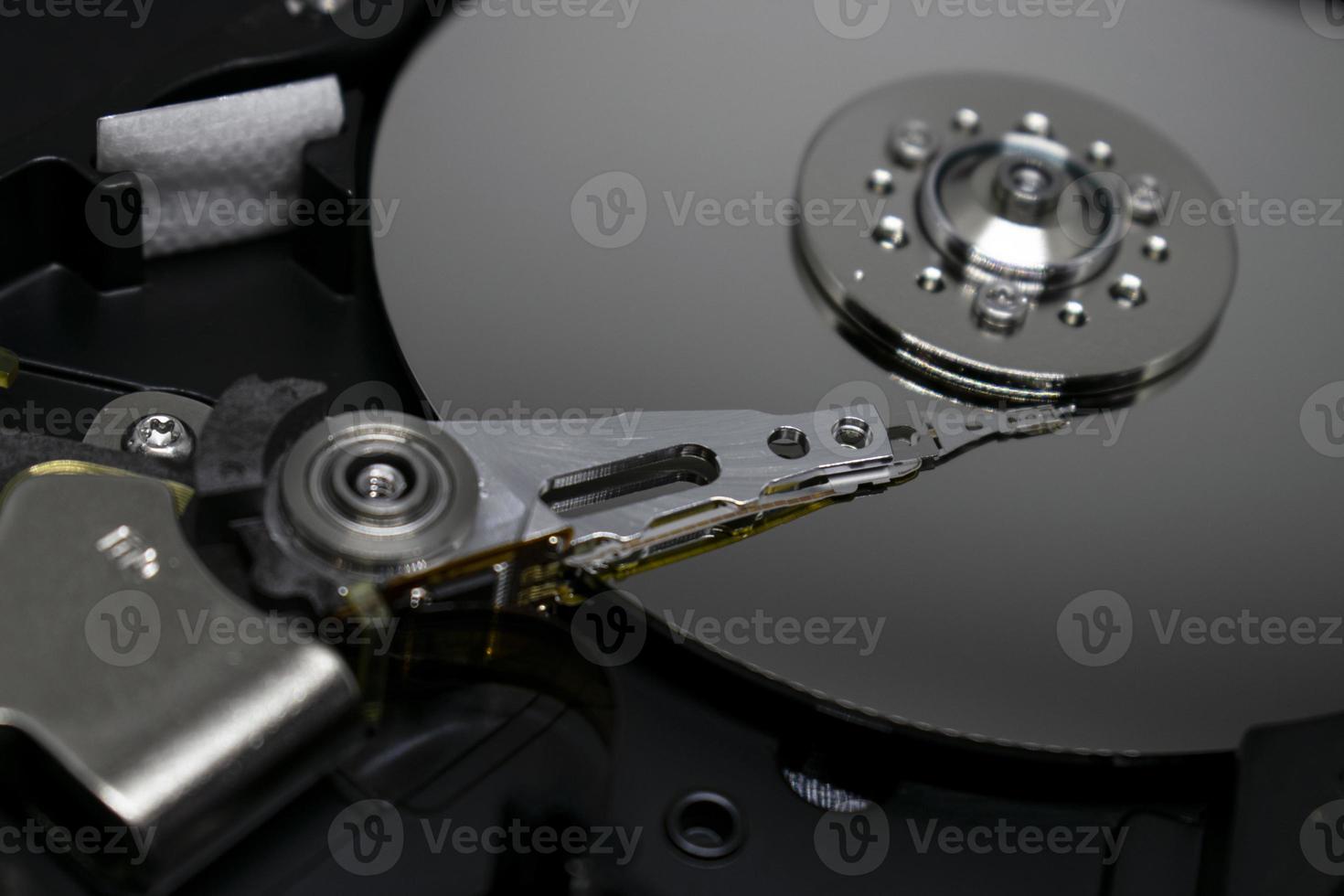 Detail of reading - writing head of hard drive. Close up inside of Hard disk drive.Macro photo