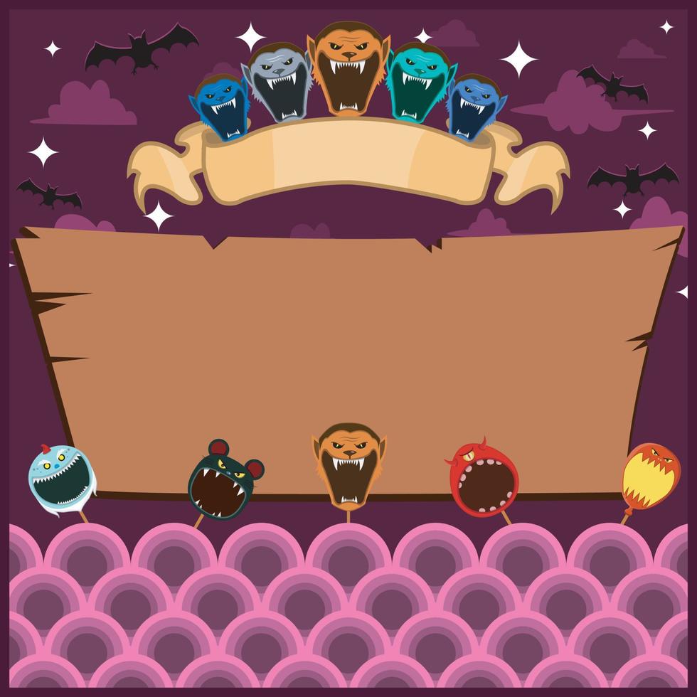 Halloween Greeting Card With Masks Monster. Blank Wolf Man label . At Night and Blank Wood Mockup vector