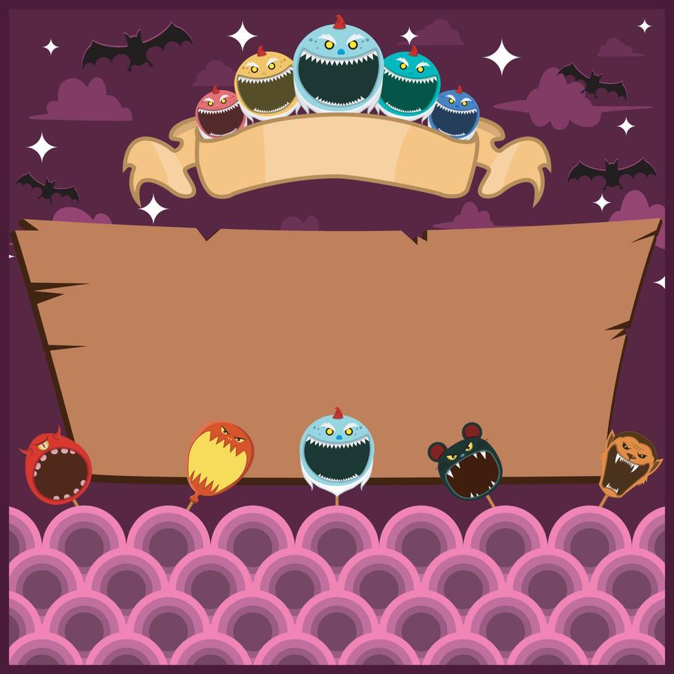 Halloween Greeting Card With Masks Monster. Blank Creepy Gnome label . At Night and Blank Wood Mockup vector