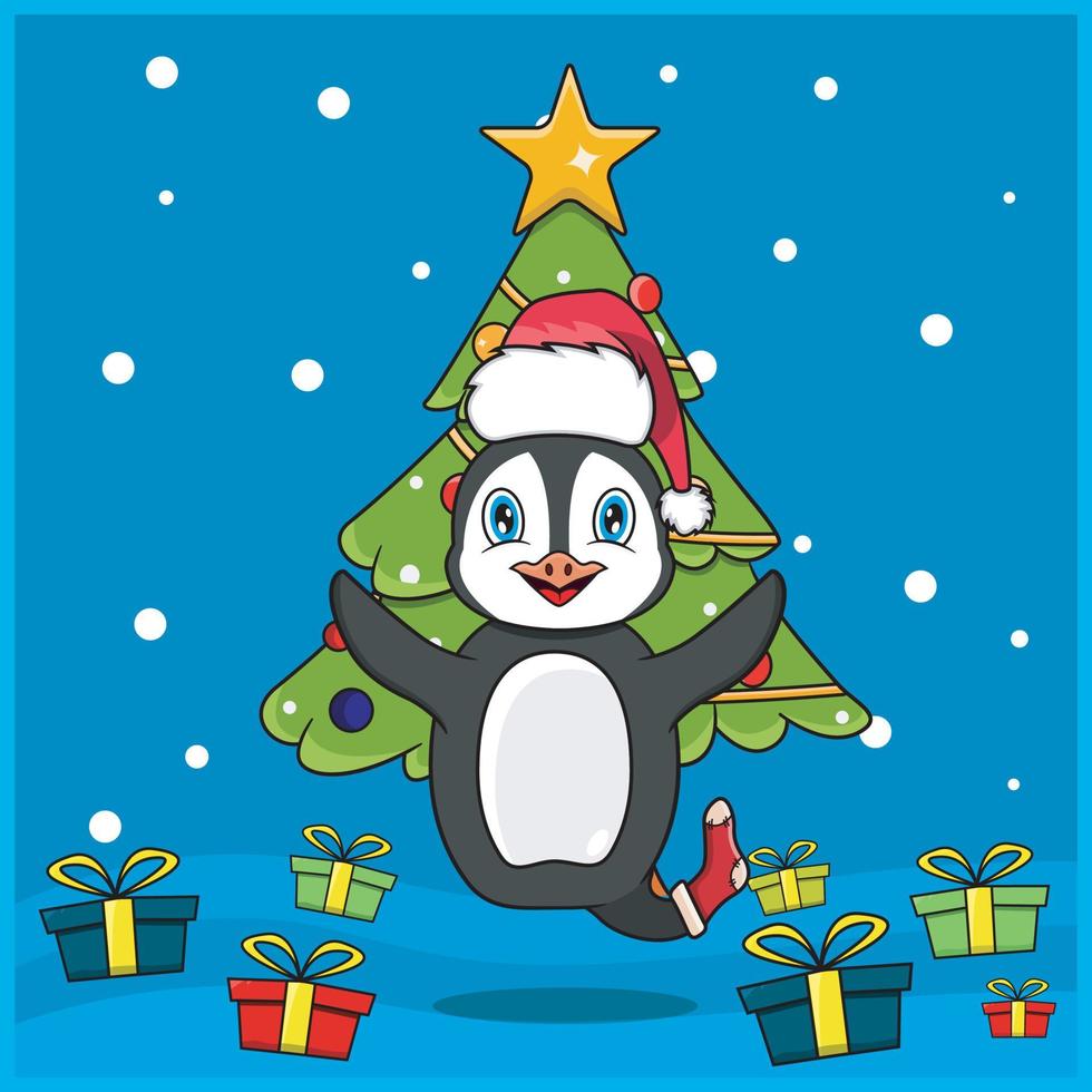 lindo animal navideño con diseño de personaje de pingüino, con calcetín y sombrero navideño. fondo del bosque. perfecto para fondo, tarjeta de felicitación, etiqueta e icono. vector