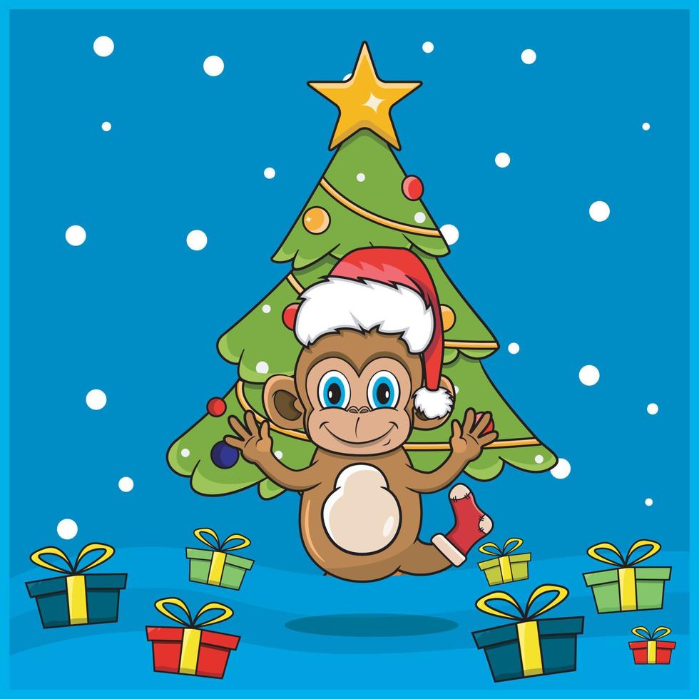lindo animal navideño con diseño de personaje de mono, con calcetín y sombrero navideño. fondo del bosque. perfecto para fondo, tarjeta de felicitación, etiqueta e icono. vector