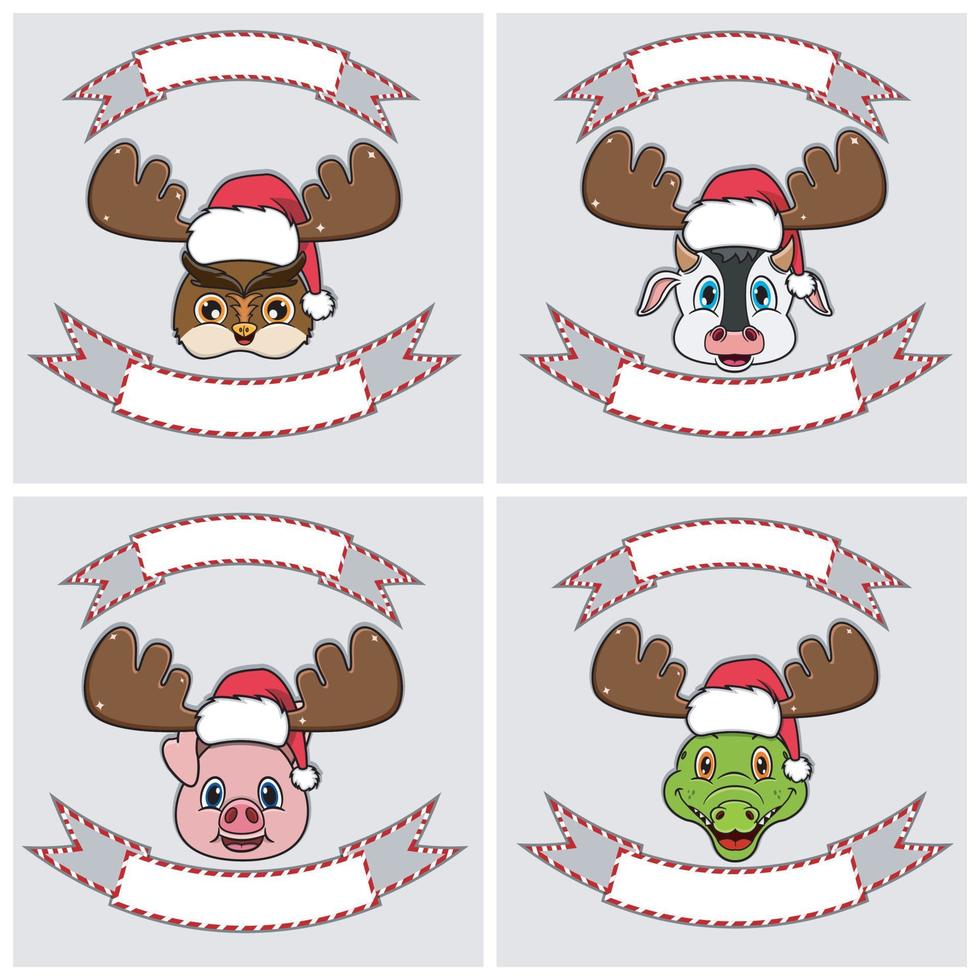 Set Cute Animals Head Character. For Logo, emblem and label with Christmas Hat. Owl, Cow, Pig and Crocodile. vector