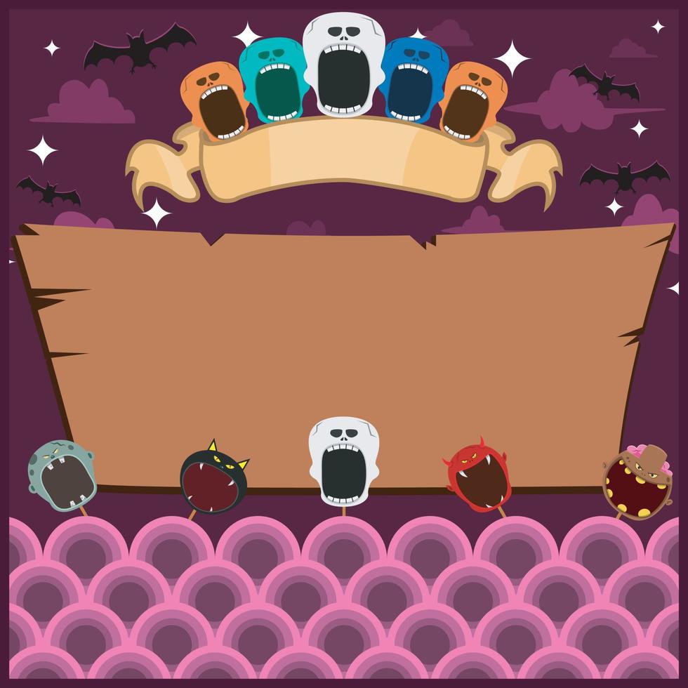 Halloween Greeting Card With Masks Monster. Blank Skeleton label . At Night and Blank Wood Mockup vector