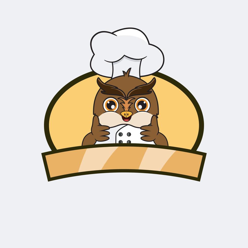 lindo chef búho y tema de cocina. mascota, personaje, logotipo, etiqueta e icono. vector