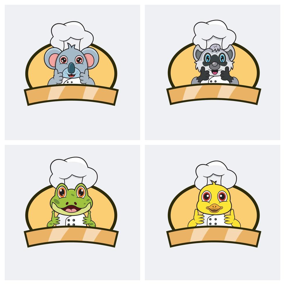 Cute animals Chef set, Wearing Hat and Cooking Theme. Koala, Raccoon, Frog and Duck Character Design, Mascot, Label, Icon And Logo. vector