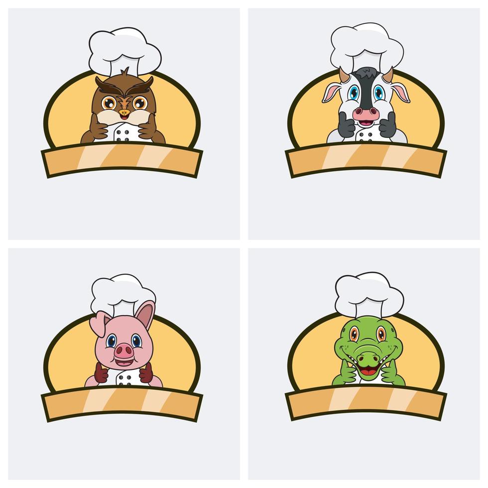 Cute animals Chef set, Wearing Hat and Cooking Theme. Owl, Cow, Pig and Crocodile Character Design, Mascot, Label, Icon And Logo. vector