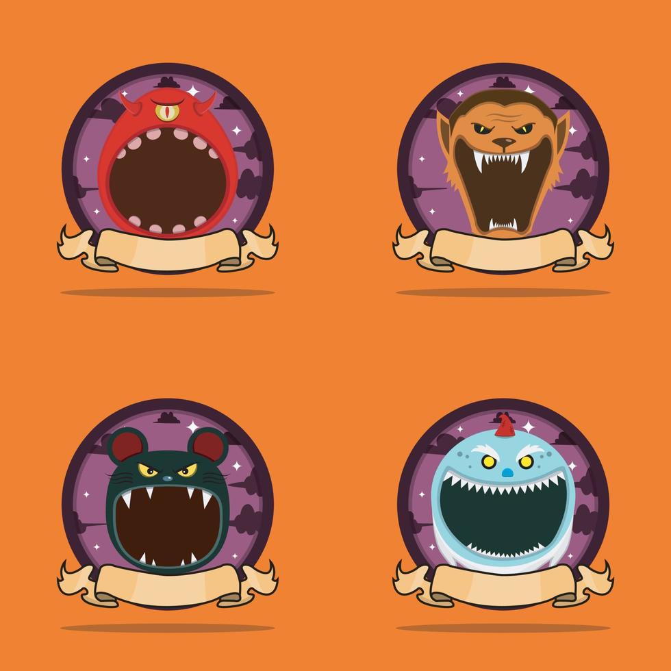 conjunto de emblemas monstruo de cabeza. con monstruo de un ojo, hombre lobo, ratón y diseño de personaje de cabeza de gnomo espeluznante vector