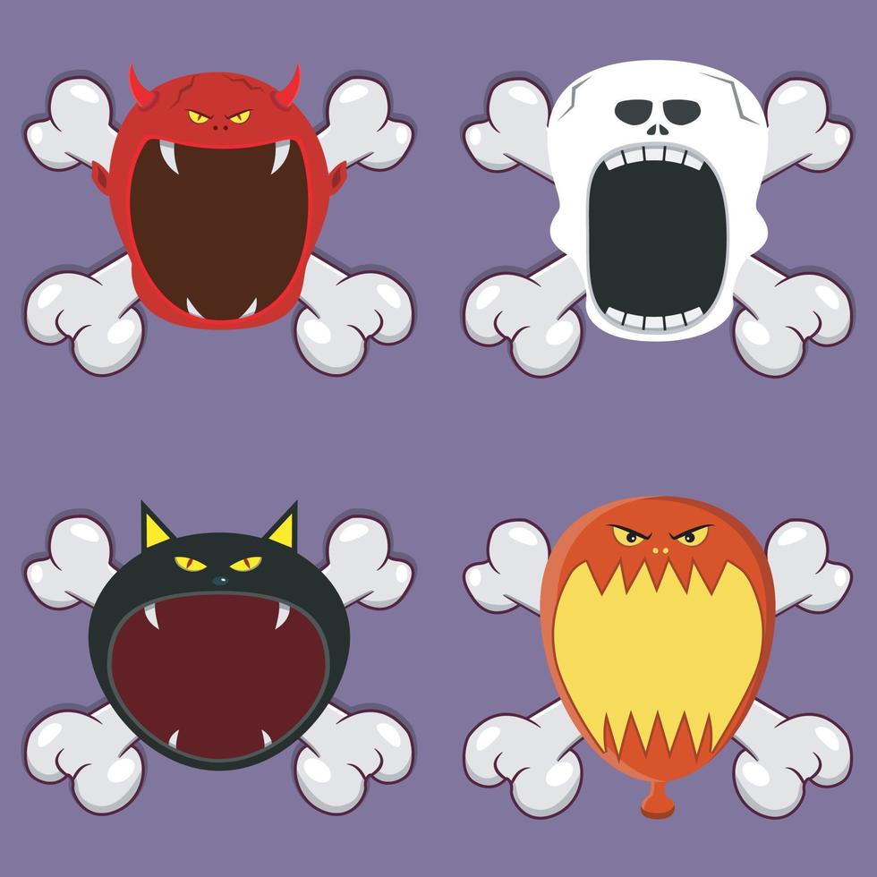 Head Monster Design With Devil, Skeleton, Black Cat and Balloon. On Skull and Open Mouth. vector