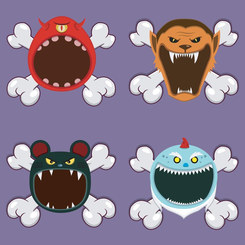 Head Monster Design With One Eye Monster, Wolf Man, Mouse and Creepy Gnome. On Skull and Open Mouth. vector