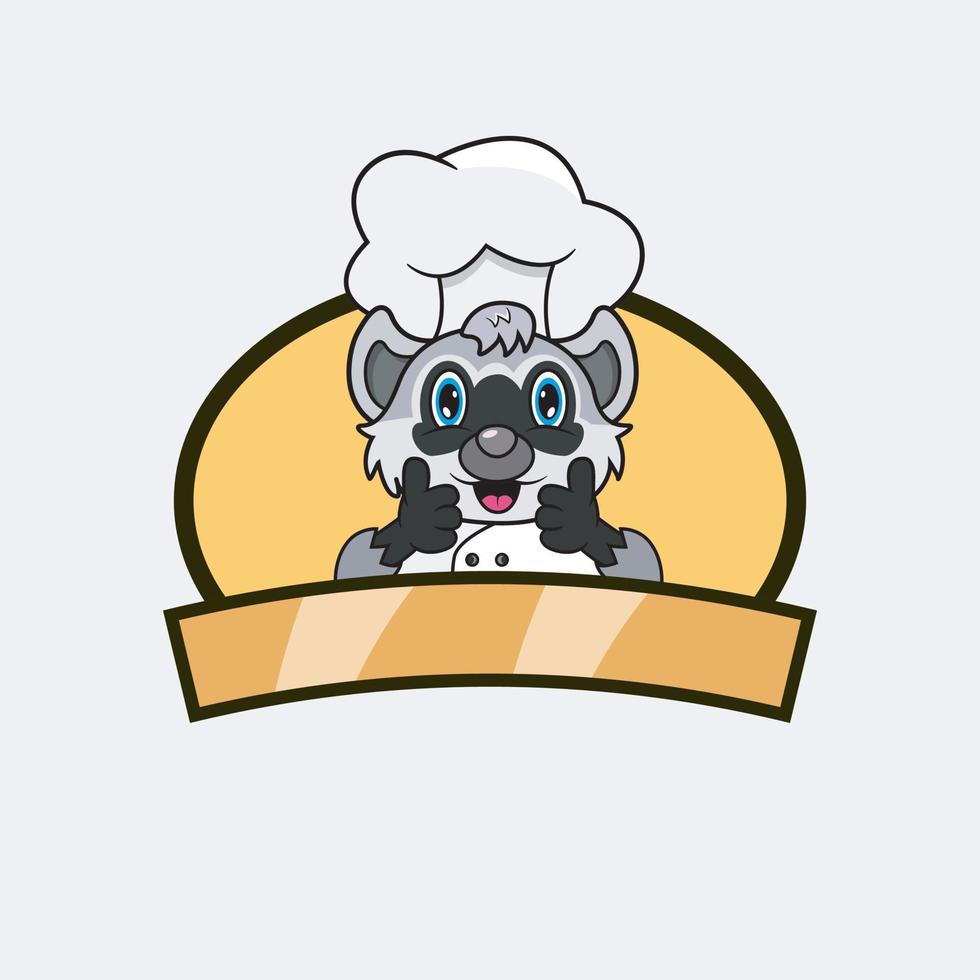 lindo chef de mapache y tema de cocina. mascota, personaje, logotipo, etiqueta e icono. vector