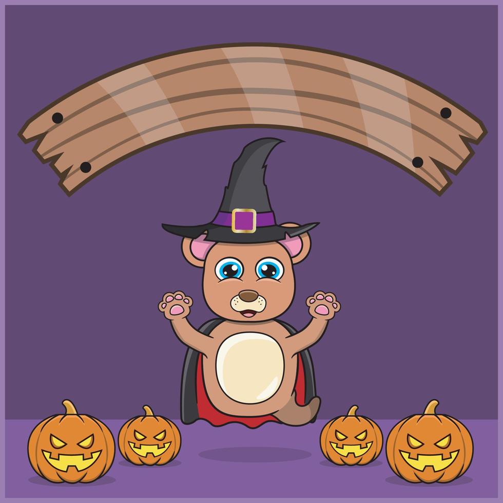 lindo animal oso vistiendo vampiro halloween personalizado, con banner de espacio en blanco, calabazas y posición de vuelo. vector