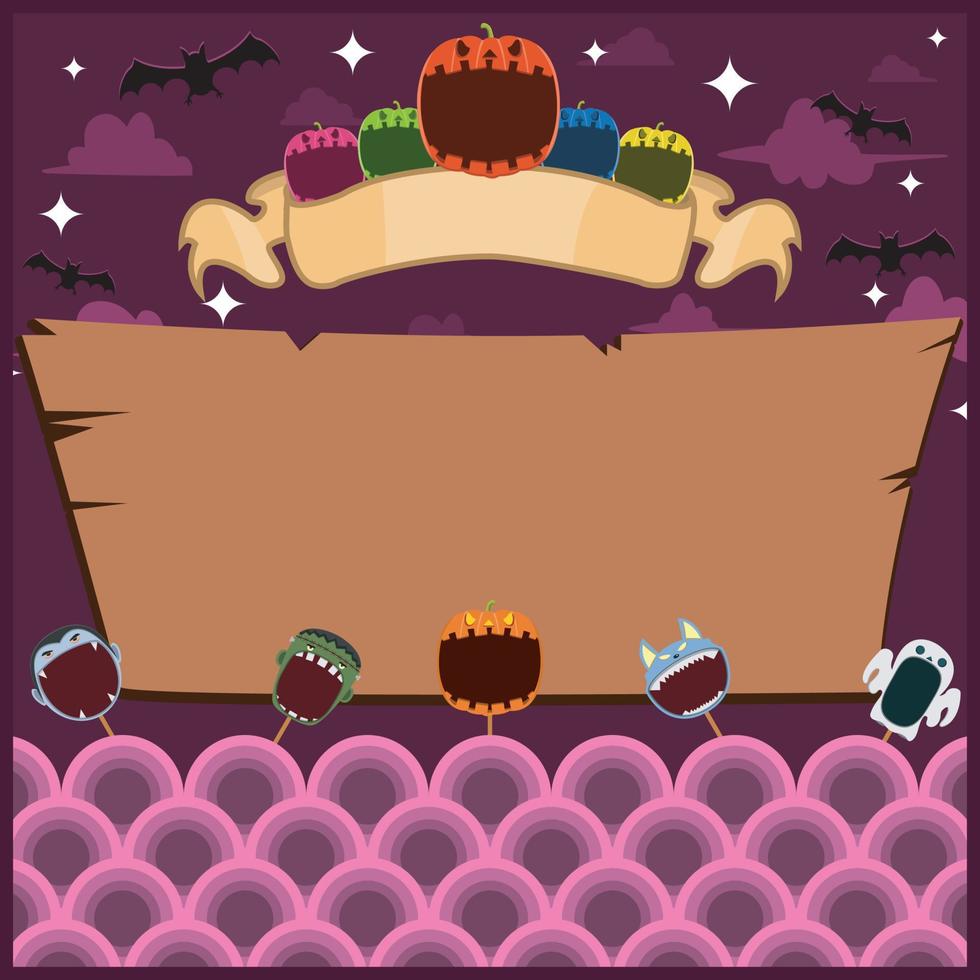 Halloween Greeting Card With Masks Monster. Blank Pumpkin  label . At Night and Blank Wood Mockup vector