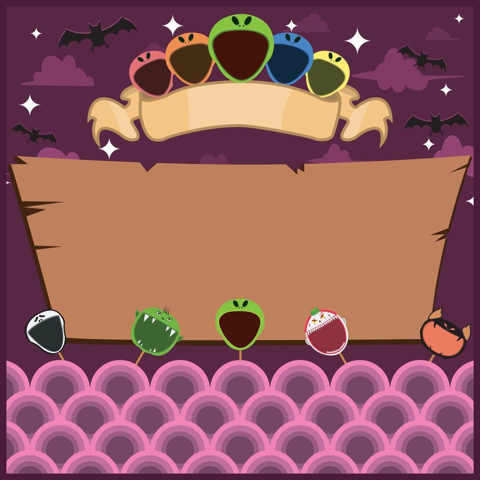 Halloween Greeting Card With Masks Monster. Blank Alien label . At Night and Blank Wood Mockup vector