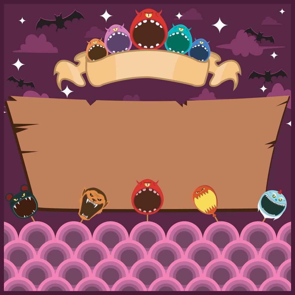Halloween Greeting Card With Masks Monster. Blank One Eye Monster label . At Night and Blank Wood Mockup vector