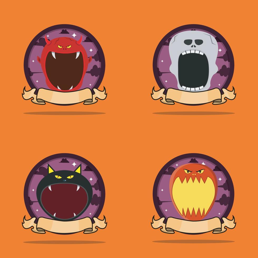 conjunto de emblemas monstruo de cabeza. con diseño de personajes de diablo, esqueleto, gato negro y cabeza de globo vector