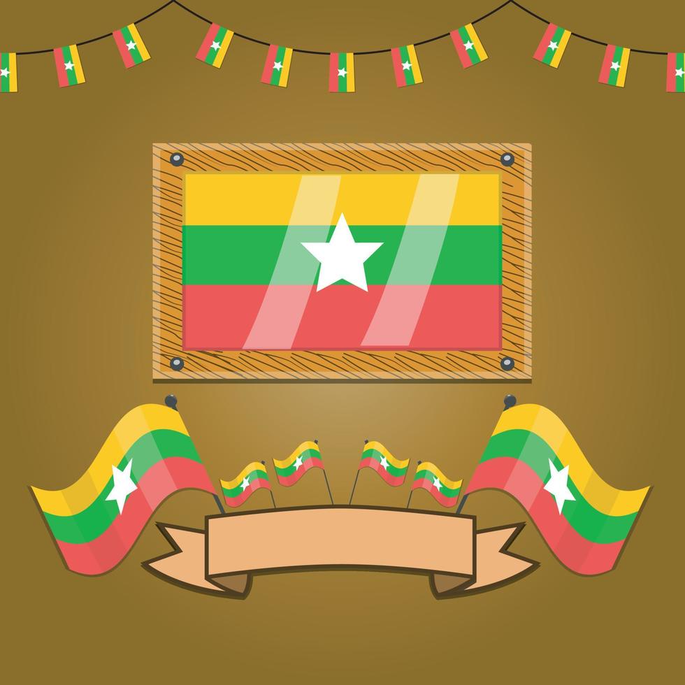 Myanmar Flags On Frame Wood, Label vector