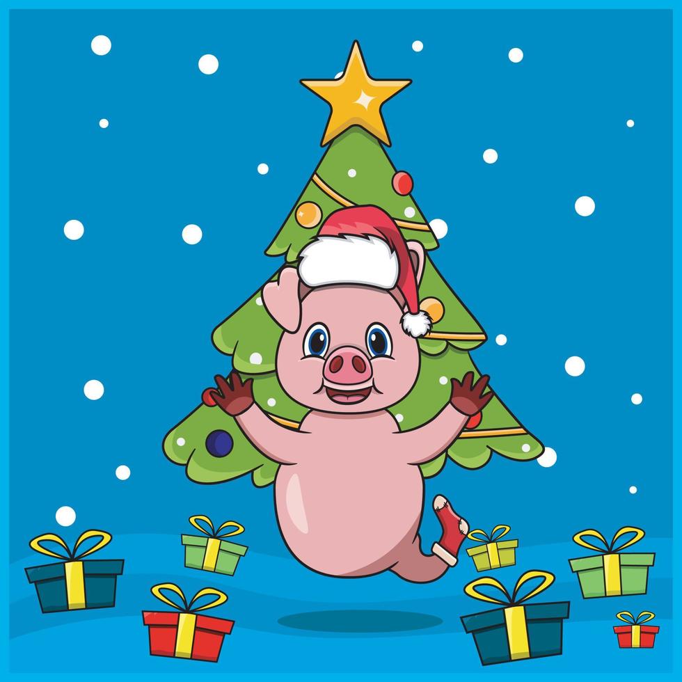 Cute Animal Christmas With Pig Character Design, Wearing Sock And Hat Christmas. Woodland Background. Perfect For Background, Greeting Card, Label and Icon. vector