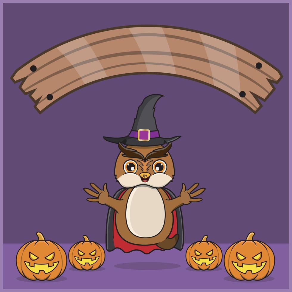 lindo animal búho vistiendo vampiro halloween personalizado, con banner de espacio en blanco, calabazas y posición de vuelo. vector