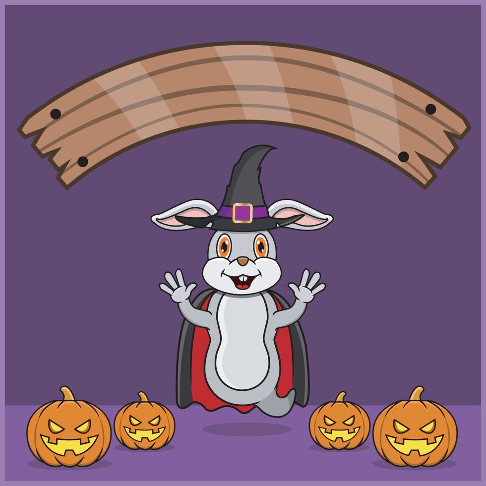 lindo animal de conejo con traje de vampiro de halloween, con banner de espacio en blanco, calabazas y posición de vuelo. vector