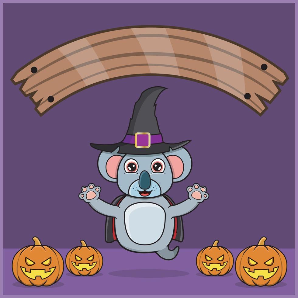 lindo animal koala con traje de vampiro de halloween, con banner de espacio en blanco, calabazas y posición de vuelo. vector