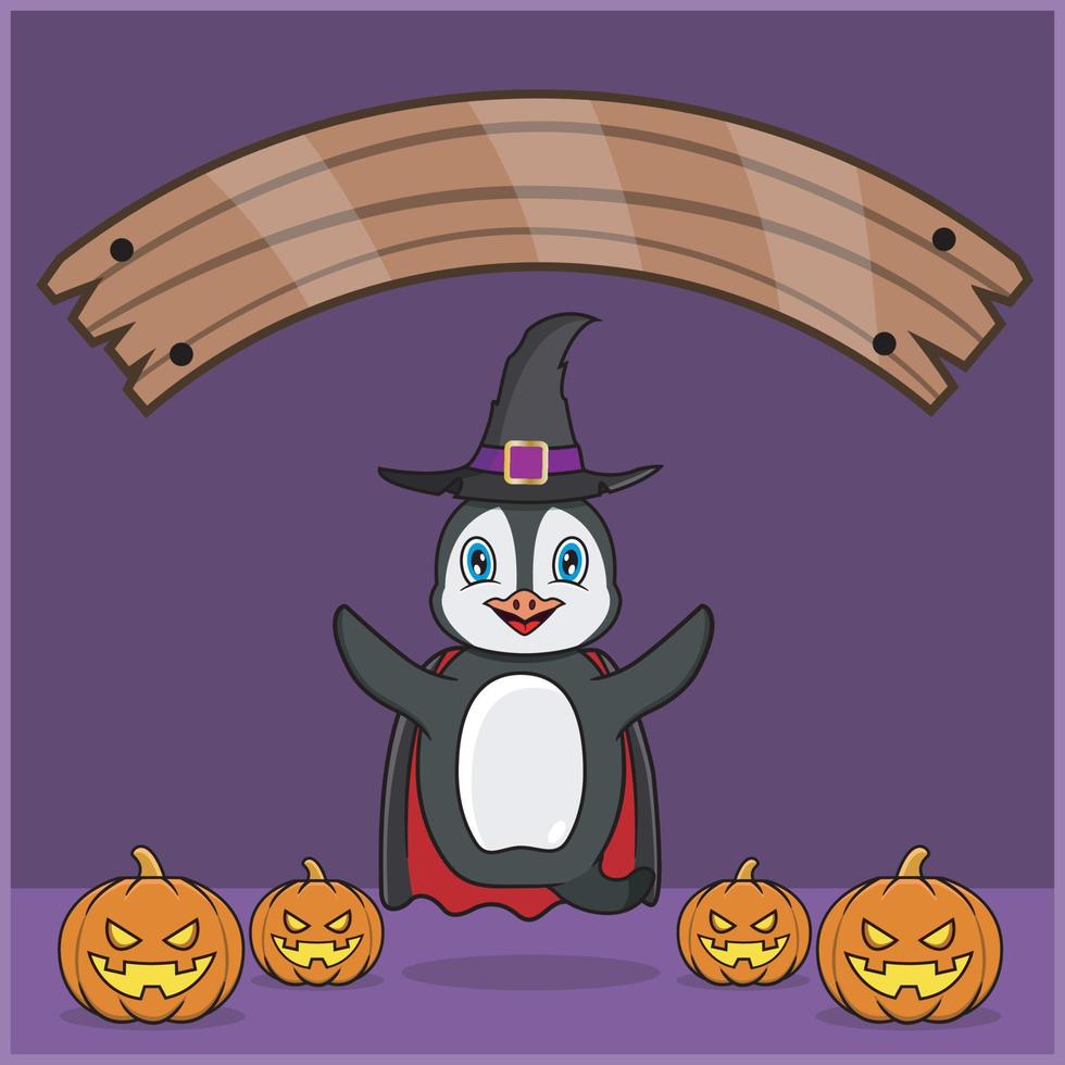 lindo animal pingüino con traje de vampiro de halloween, con banner de espacio en blanco, calabazas y posición de vuelo. vector