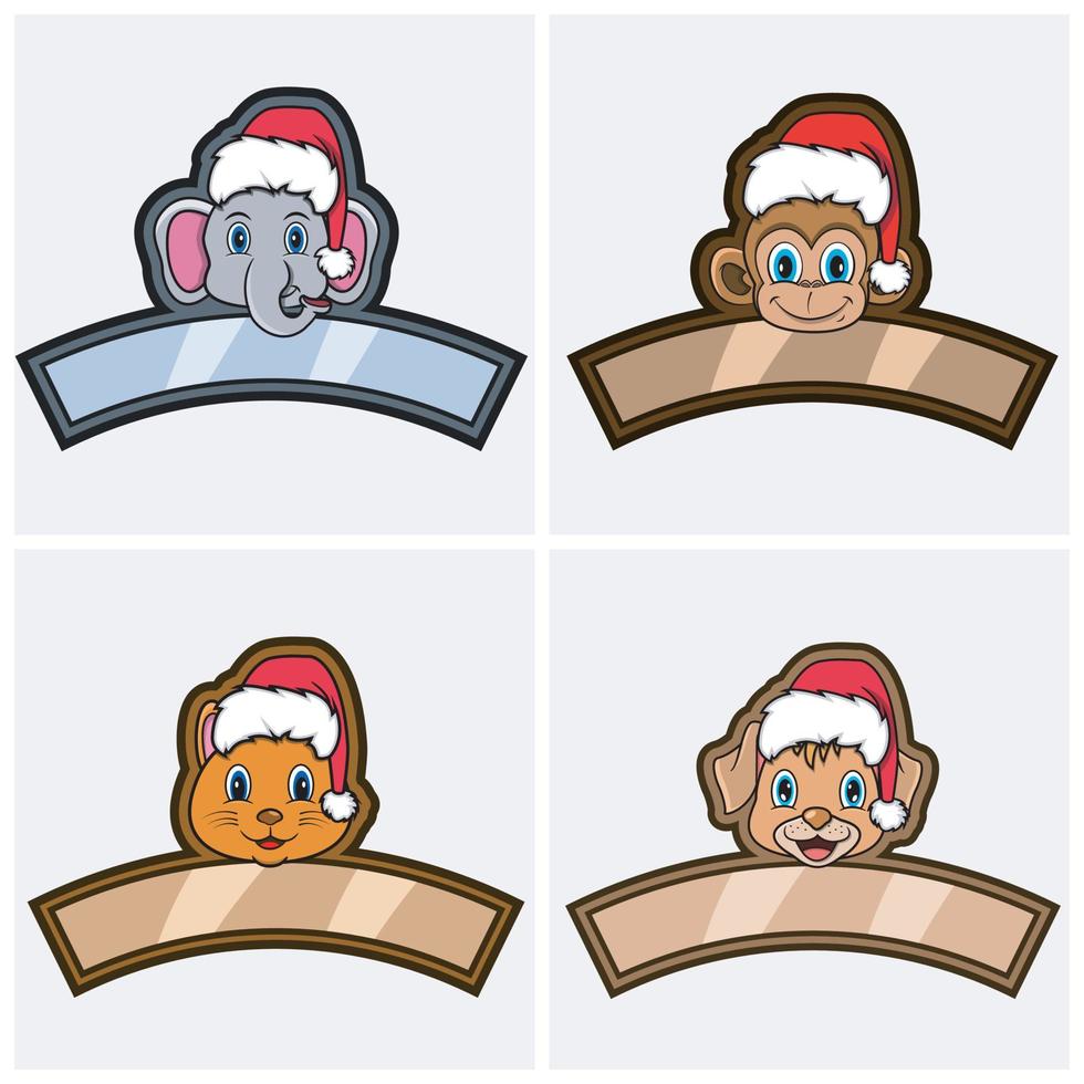 Set Cute Animals Head Character. For Logo, Icon and label with Christmas Hat. Elephant, Monkey, Cat and Dog. vector