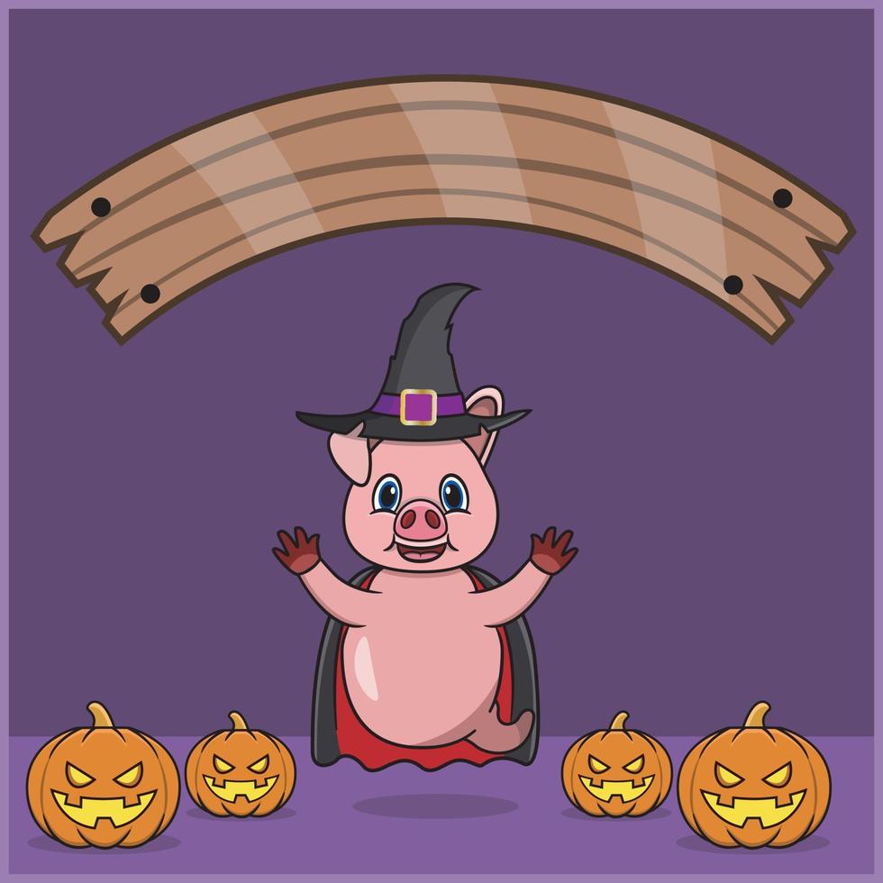 lindo animal de cerdo con traje de vampiro de halloween, con banner de espacio en blanco, calabazas y posición de vuelo. vector