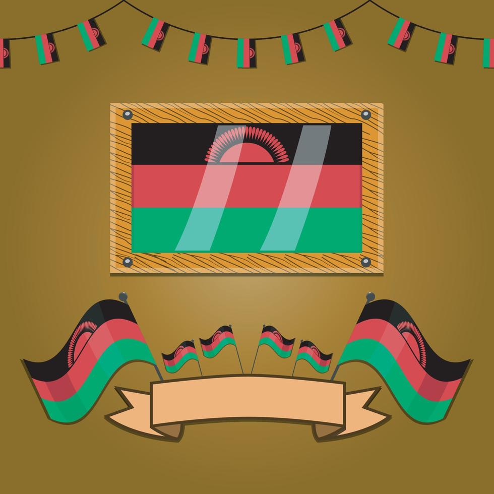 Malawi Flags On Frame Wood, Label vector