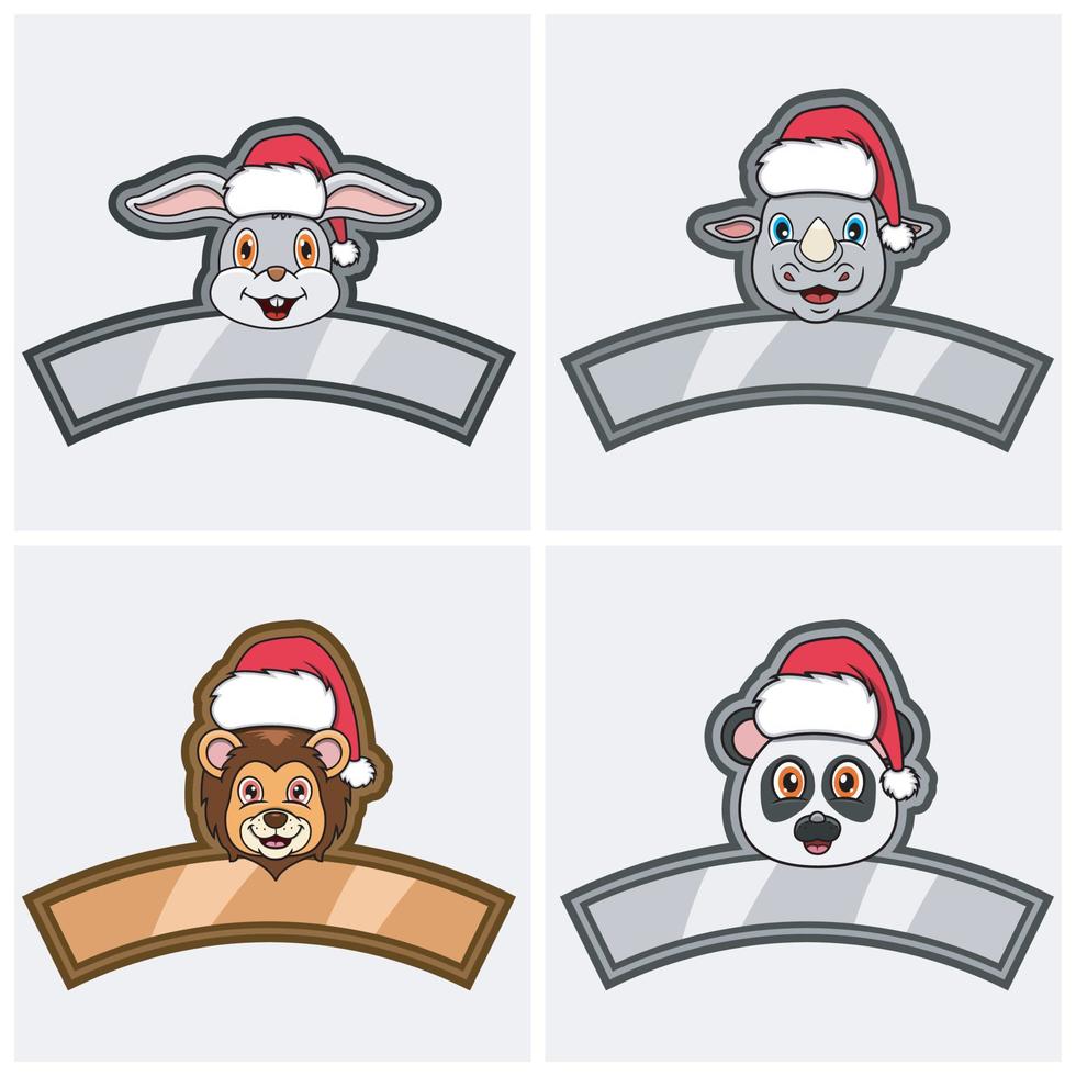 Set Cute Animals Head Character. For Logo, Icon and label with Christmas Hat. Rabbit, Rhino, Lion and Panda. vector