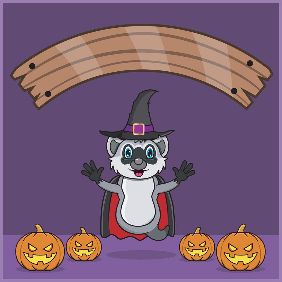 lindo animal de mapache con traje de vampiro de halloween, con banner de espacio en blanco, calabazas y posición de vuelo. vector