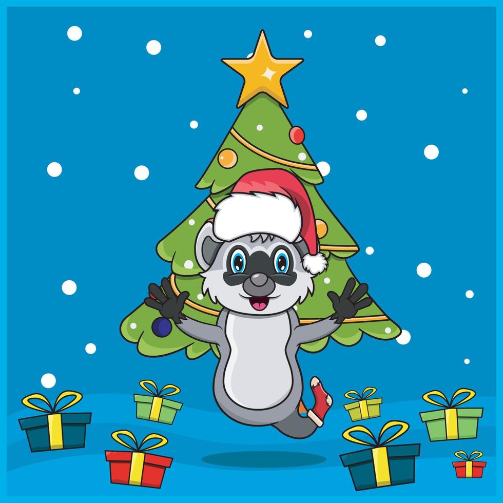 lindo animal navideño con diseño de personaje de mapache, con calcetín y sombrero navideño. fondo del bosque. perfecto para fondo, tarjeta de felicitación, etiqueta e icono vector