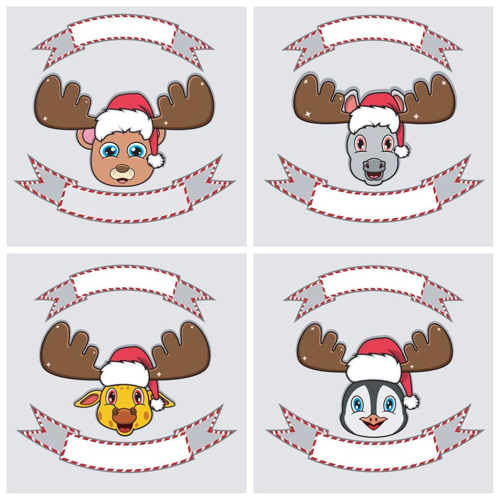 Establecer carácter de cabeza de animales lindos. para logo, emblema y etiqueta con sombrero de navidad. oso, burro, jirafa y pingüino. vector