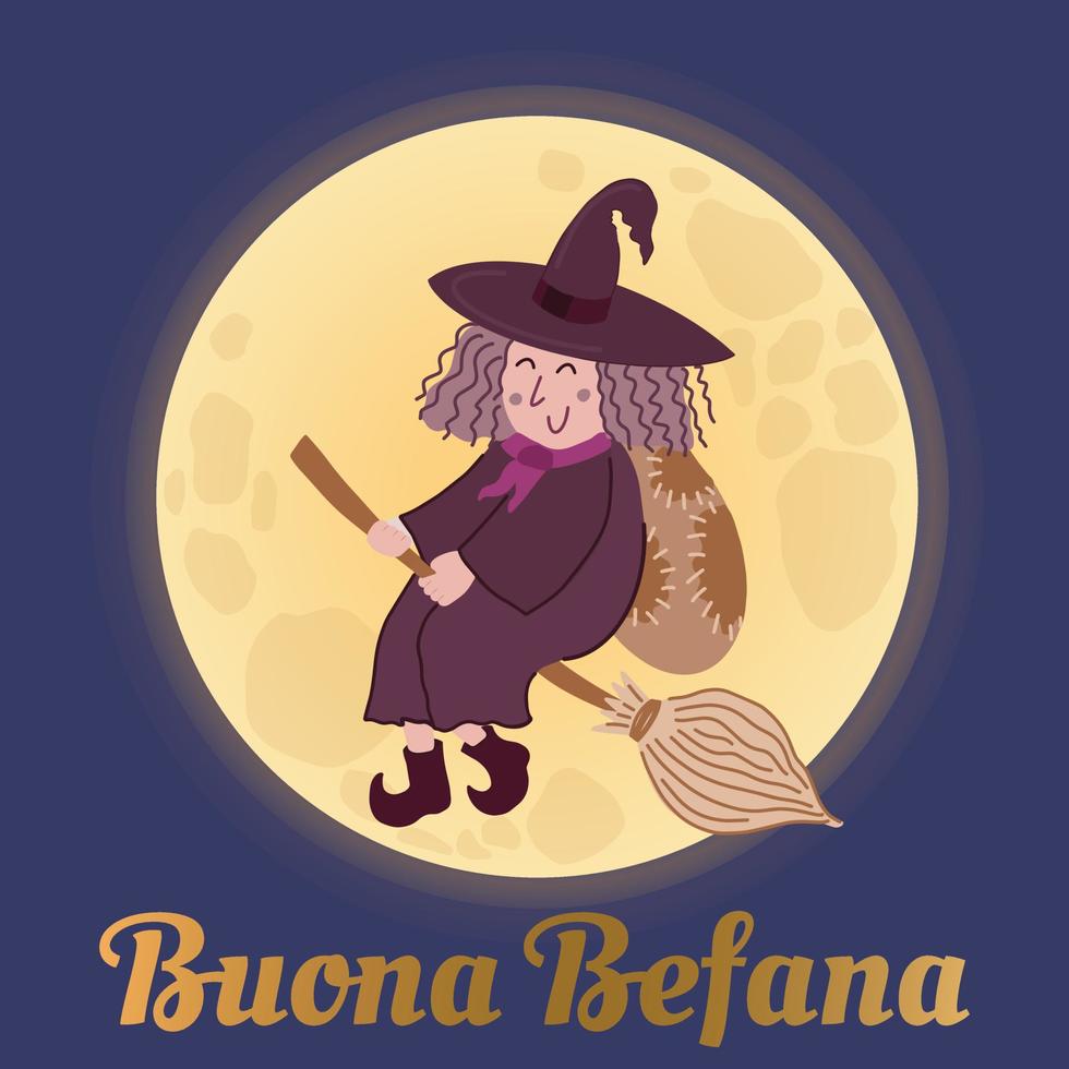 tarjeta de felicitación con texto - buona befana - traducción al italiano - happy befana. linda bruja befana tradición epifanía navideña personaje en italia volando en escoba. luna llena en el cielo nocturno oscuro vector