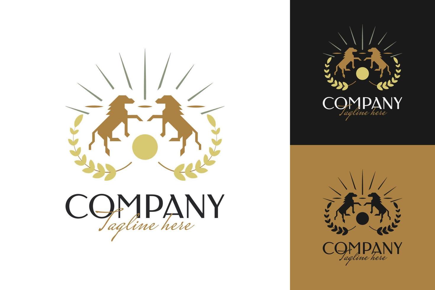 elegante diseño de logotipo de caballo con símbolo de sol y trigo. dos caballos en estilo vintage para logotipo, emblema, insignia o etiqueta vector