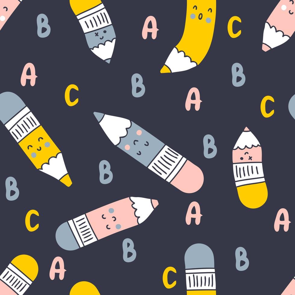 Dark pencils and letters hand drawn vector seamless pattern.