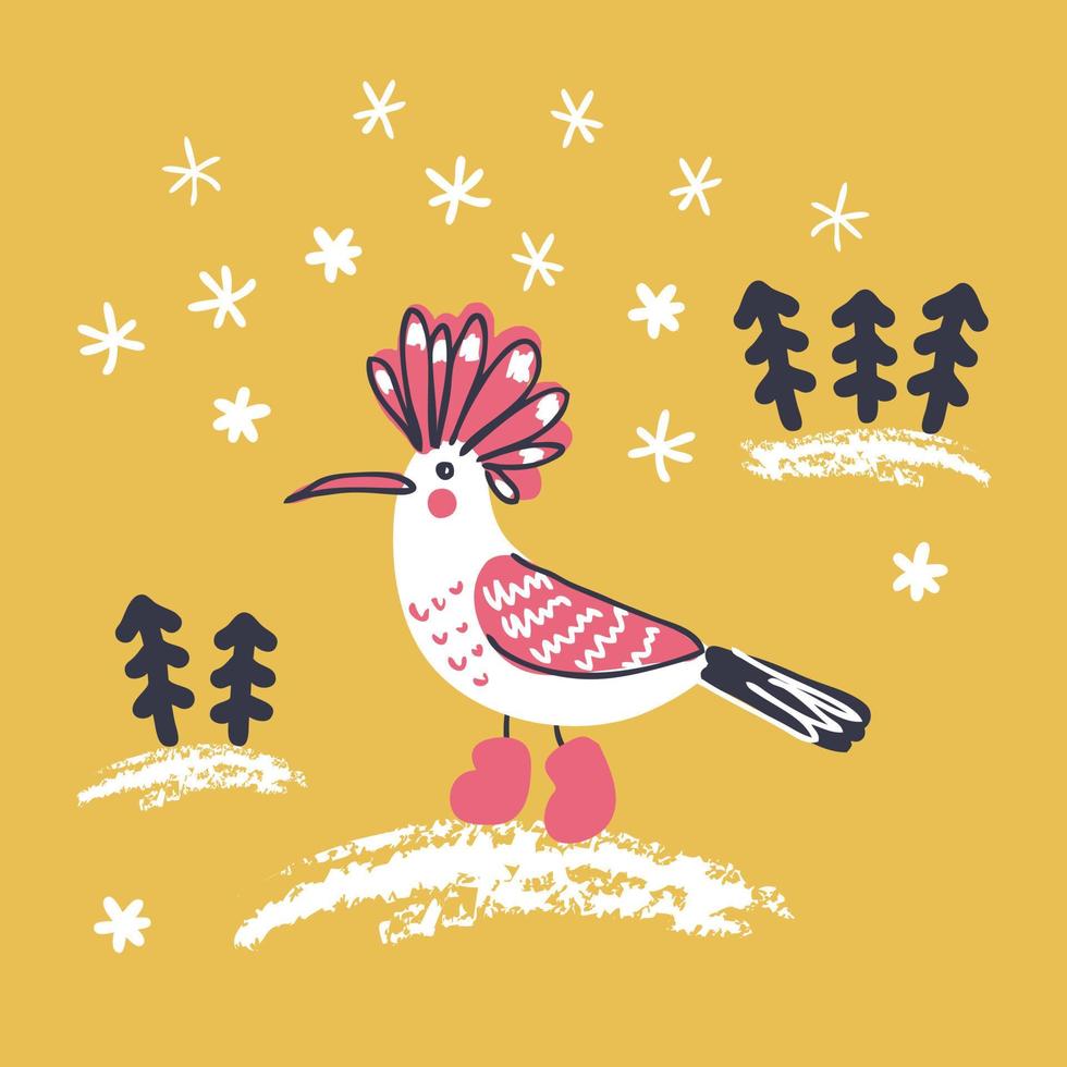 pájaro abubilla de invierno con árboles de Navidad y copos de nieve. vector